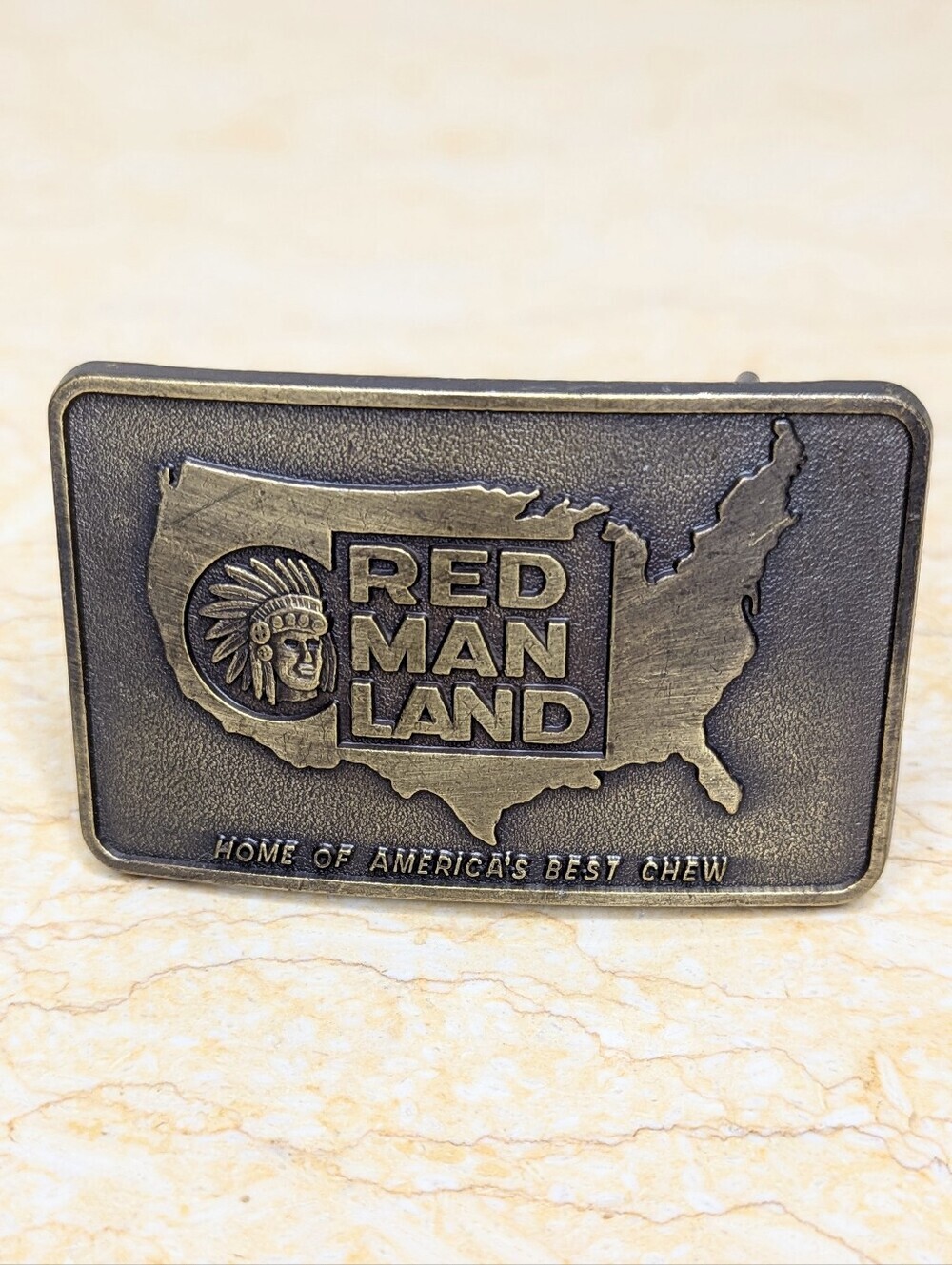 Vintage Red Man Land  Chewing Tobacco Brass Metal Belt Buckle
